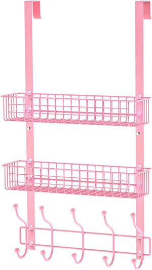 Coat Rack, Over the Door Hanger with Mesh Basket, Detachable Storage Shelf for Towels, Hats, Handbags, Coats (Pink-2 Baskets)