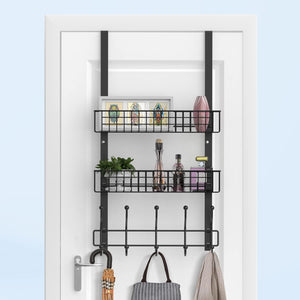 Coat Rack, Over The Door Hanger with Mesh Basket, Detachable Storage Shelf for Towels, Hats, Handbags, Coats (Black-2 Baskets)