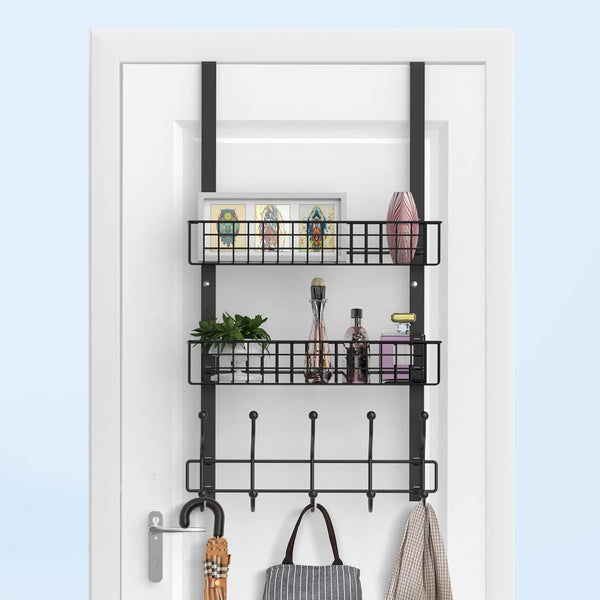 Coat Rack, Over The Door Hanger with Mesh Basket, Detachable Storage Shelf for Towels, Hats, Handbags, Coats (Black-2 Baskets)