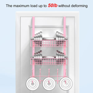 Coat Rack, Over the Door Hanger with Mesh Basket, Detachable Storage Shelf for Towels, Hats, Handbags, Coats (Pink-2 Baskets)