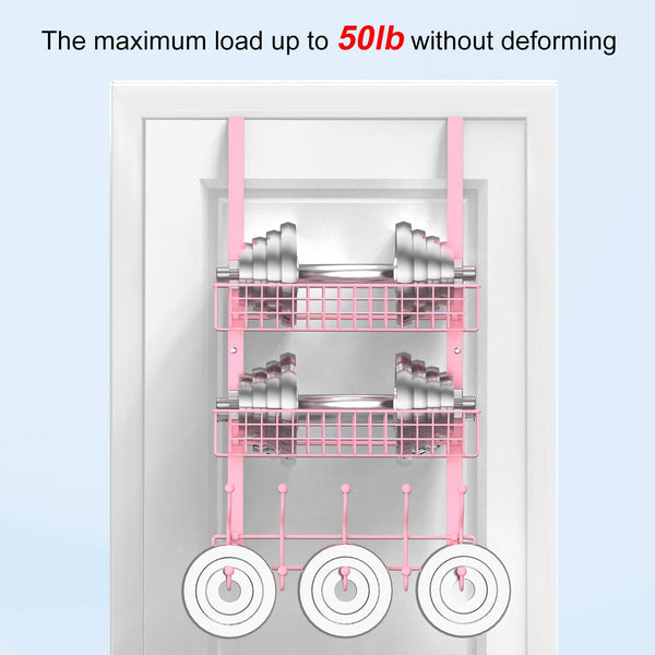 Coat Rack, Over the Door Hanger with Mesh Basket, Detachable Storage Shelf for Towels, Hats, Handbags, Coats (Pink-2 Baskets)