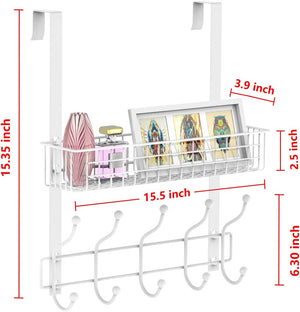 Coat Rack, Over The Door Hanger with Mesh Basket, Detachable Storage Shelf for Towels, Hats, Handbags, Coats (White)