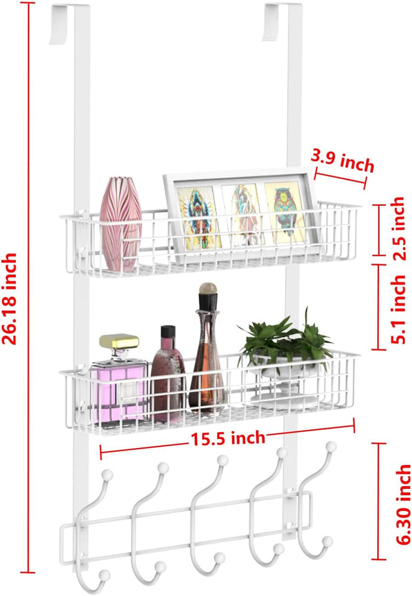 Coat Rack, Over the Door Hanger with Mesh Basket, Detachable Storage Shelf for Towels, Hats, Handbags, Coats (White-2 Baskets)