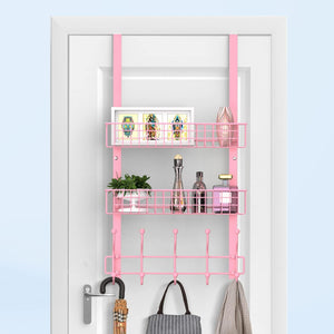 Coat Rack, Over the Door Hanger with Mesh Basket, Detachable Storage Shelf for Towels, Hats, Handbags, Coats (Pink-2 Baskets)