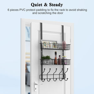 Coat Rack, Over The Door Hanger with Mesh Basket, Detachable Storage Shelf for Towels, Hats, Handbags, Coats (Black-2 Baskets)