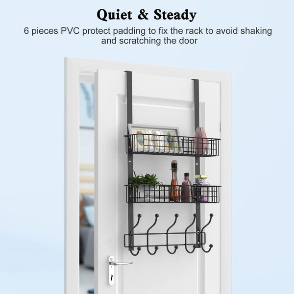 Coat Rack, Over The Door Hanger with Mesh Basket, Detachable Storage Shelf for Towels, Hats, Handbags, Coats (Black-2 Baskets)