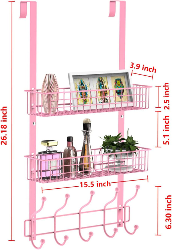 Coat Rack, Over the Door Hanger with Mesh Basket, Detachable Storage Shelf for Towels, Hats, Handbags, Coats (Pink-2 Baskets)