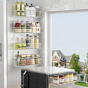 4 Tier Magnetic Spice Rack | Strongly Magnetic Spice Shelf with Utility Hooks | Refrigerator Spice Storage | Kitchen Storage Rack for Placing Seasoning Bottles, Plastic Wraps or Garbage Bags (White)