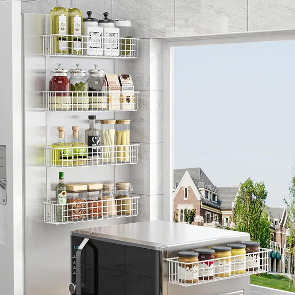 4 Tier Magnetic Spice Rack | Strongly Magnetic Spice Shelf with Utility Hooks | Refrigerator Spice Storage | Kitchen Storage Rack for Placing Seasoning Bottles, Plastic Wraps or Garbage Bags (White)