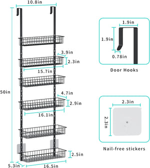 6-Tier Pantry Door Organizer, Heavy-Duty Metal Hanging Spice Racks with 6 Adjustable Baskets for Storing Cans, Spice, Plastic Wraps, Garbage Bags, etc