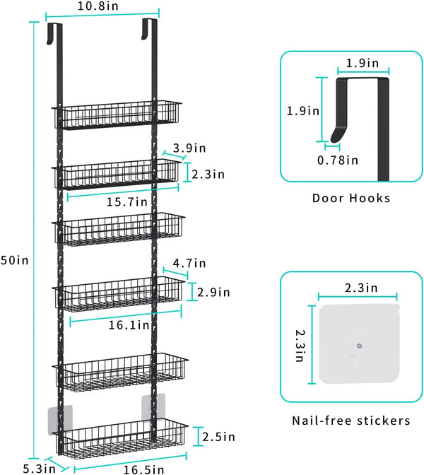 6-Tier Pantry Door Organizer, Heavy-Duty Metal Hanging Spice Racks with 6 Adjustable Baskets for Storing Cans, Spice, Plastic Wraps, Garbage Bags, etc