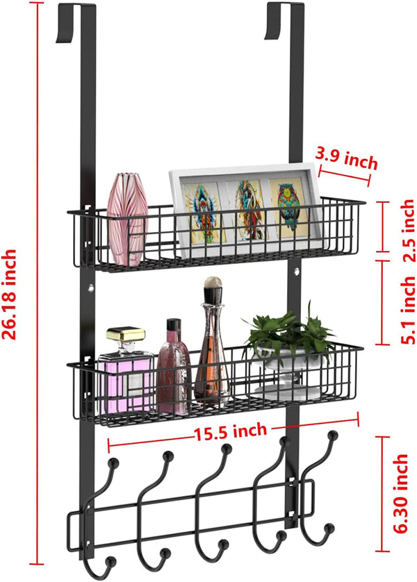 Coat Rack, Over The Door Hanger with Mesh Basket, Detachable Storage Shelf for Towels, Hats, Handbags, Coats (Black-2 Baskets)