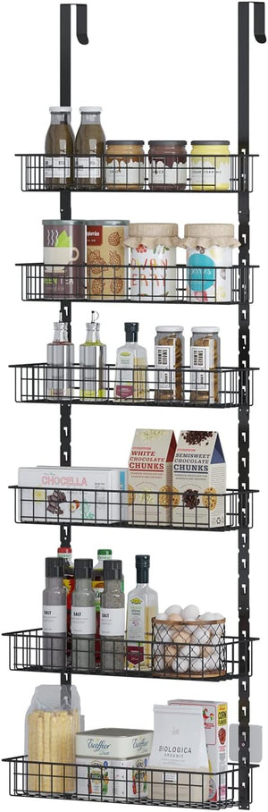 6-Tier Pantry Door Organizer, Heavy-Duty Metal Hanging Spice Racks with 6 Adjustable Baskets for Storing Cans, Spice, Plastic Wraps, Garbage Bags, etc