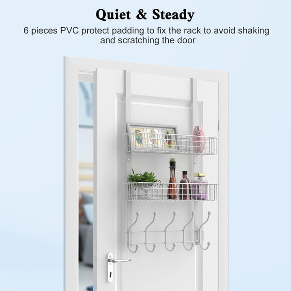 Coat Rack, Over the Door Hanger with Mesh Basket, Detachable Storage Shelf for Towels, Hats, Handbags, Coats (White-2 Baskets)