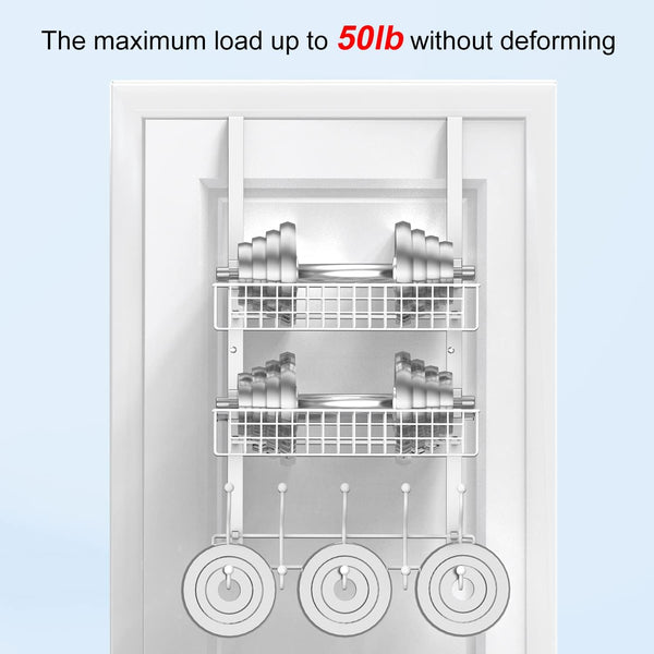 Coat Rack, Over the Door Hanger with Mesh Basket, Detachable Storage Shelf for Towels, Hats, Handbags, Coats (White-2 Baskets)