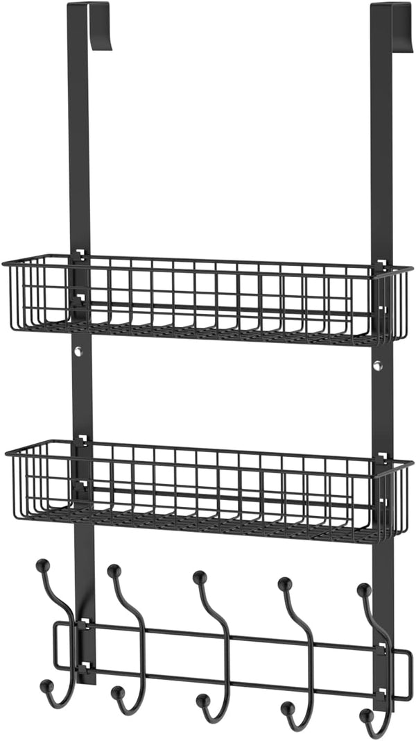 Coat Rack, Over The Door Hanger with Mesh Basket, Detachable Storage Shelf for Towels, Hats, Handbags, Coats (Black-2 Baskets)
