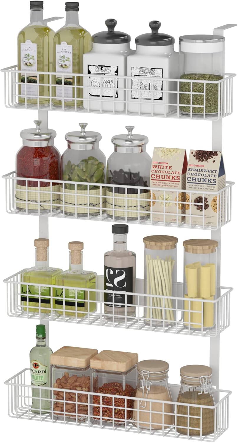 4 Tier Magnetic Spice Rack | Strongly Magnetic Spice Shelf with Utility Hooks | Refrigerator Spice Storage | Kitchen Storage Rack for Placing Seasoning Bottles, Plastic Wraps or Garbage Bags (White)