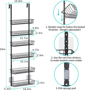 6-Tier Pantry Door Organizer, Heavy-Duty Metal Hanging Spice Racks with 6 Adjustable Baskets for Storing Cans, Spice, Plastic Wraps, Garbage Bags, etc