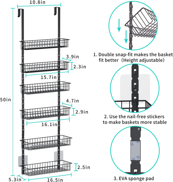 6-Tier Pantry Door Organizer, Heavy-Duty Metal Hanging Spice Racks with 6 Adjustable Baskets for Storing Cans, Spice, Plastic Wraps, Garbage Bags, etc