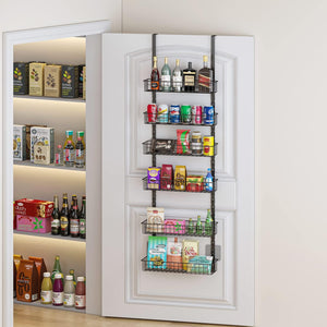 6-Tier Pantry Door Organizer, Heavy-Duty Metal Hanging Spice Racks with 6 Adjustable Baskets for Storing Cans, Spice, Plastic Wraps, Garbage Bags, etc