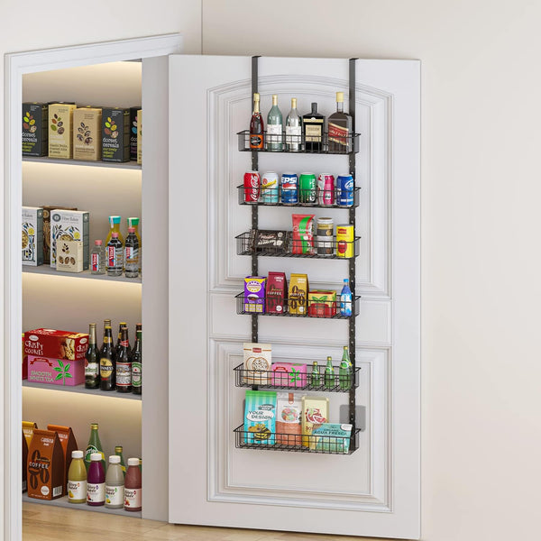 6-Tier Pantry Door Organizer, Heavy-Duty Metal Hanging Spice Racks with 6 Adjustable Baskets for Storing Cans, Spice, Plastic Wraps, Garbage Bags, etc