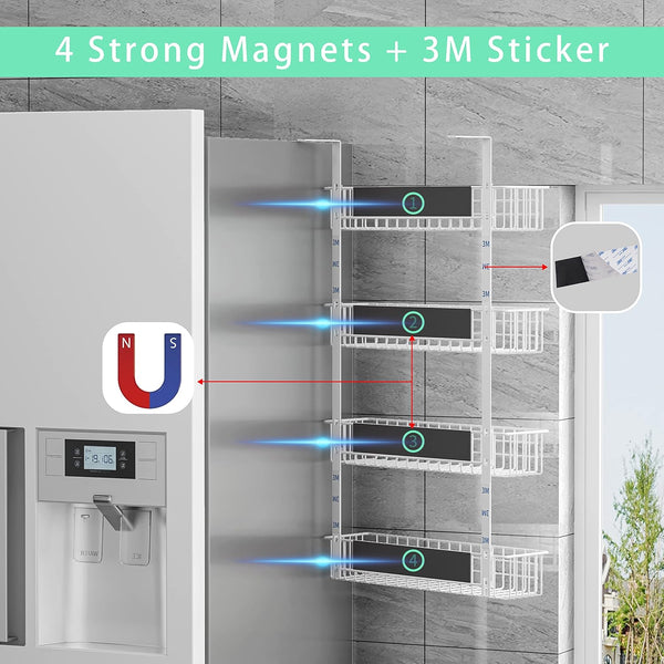 4 Tier Magnetic Spice Rack | Strongly Magnetic Spice Shelf with Utility Hooks | Refrigerator Spice Storage | Kitchen Storage Rack for Placing Seasoning Bottles, Plastic Wraps or Garbage Bags (White)