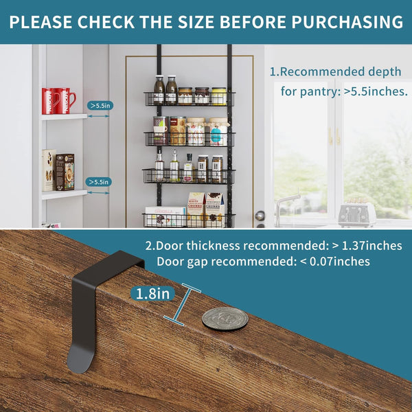 6-Tier Pantry Door Organizer, Heavy-Duty Metal Hanging Spice Racks with 6 Adjustable Baskets for Storing Cans, Spice, Plastic Wraps, Garbage Bags, etc