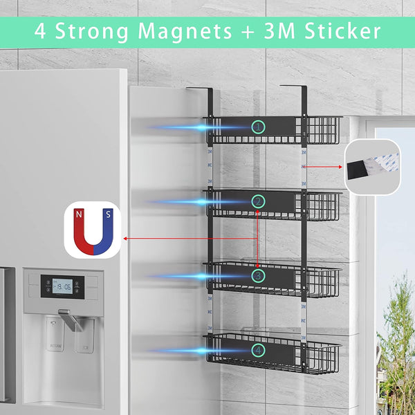 4 Tier Magnetic Spice Rack | Strongly Magnetic Spice Shelf with Utility Hooks | Refrigerator Spice Storage | Kitchen Storage Rack for Placing Seasoning Bottles, Plastic Wraps or Garbage Bags (Black)